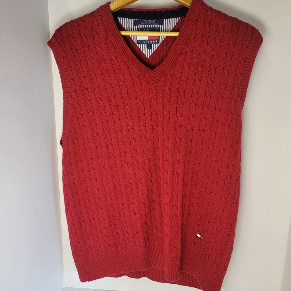Tommy Hilfiger Mens Red Cable Knit V-Neck Cotton Sweater Vest Large